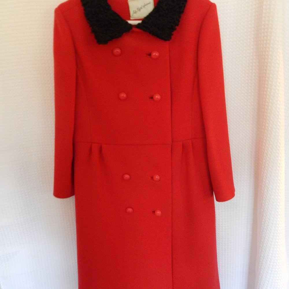 Girls red wool winter coat with black lamb wool collar.
